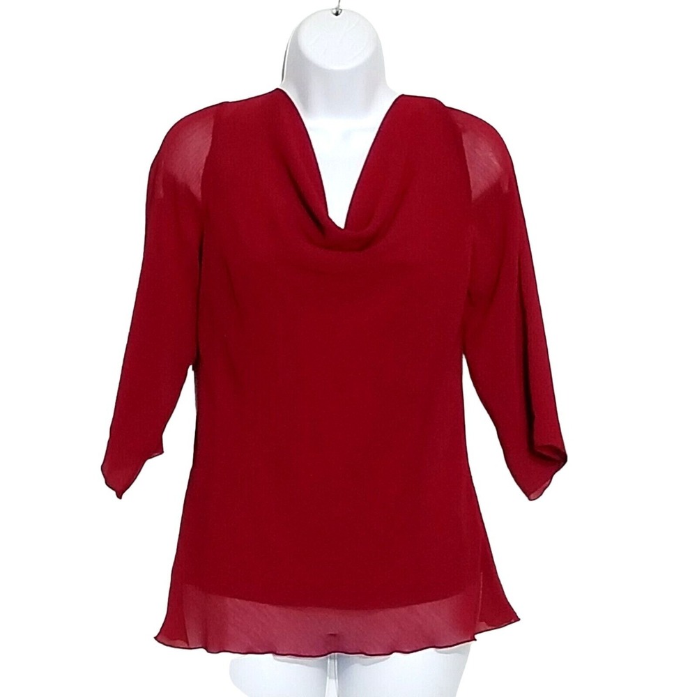 Womens Red Cowl Neck Layered Blouse 3/4 Sleeve Fully Lined Roll Hem Pullover Top